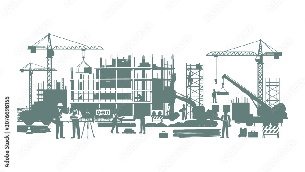 Obraz premium Construction Site with Cranes and Workers Building a Modern Structure