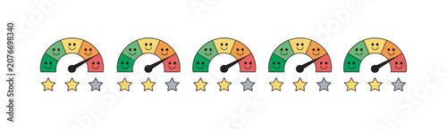 customer satisfaction rating scale icon set featuring speedometer, five stars, feedback emoji and user review symbols in multiple vector styles