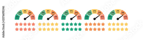 rating scale icon collection with customer feedback emojis, star ratings, satisfaction meter and user review symbols for web and mobile