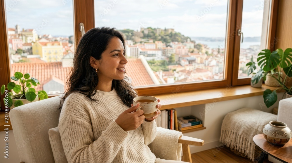 Fototapeta premium Woman enjoying a warm beverage while looking out at a scenic city view