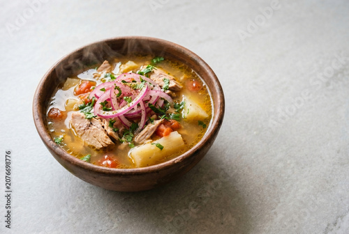 Ecuadorian Encebollado - Fresh Tuna and Yuca Soup in Clay Bowl – With Copy Space