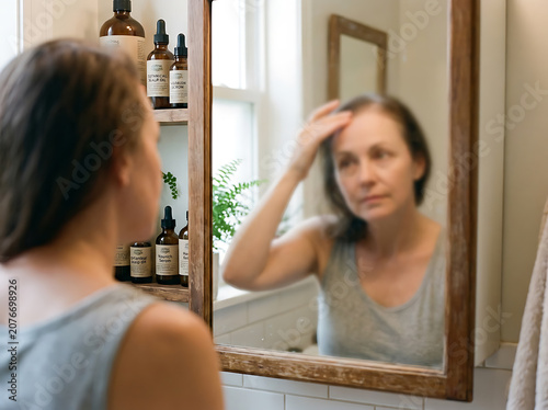 Middle-aged woman examining her hair and scalp in a bathroom mirror with a concerned expression.