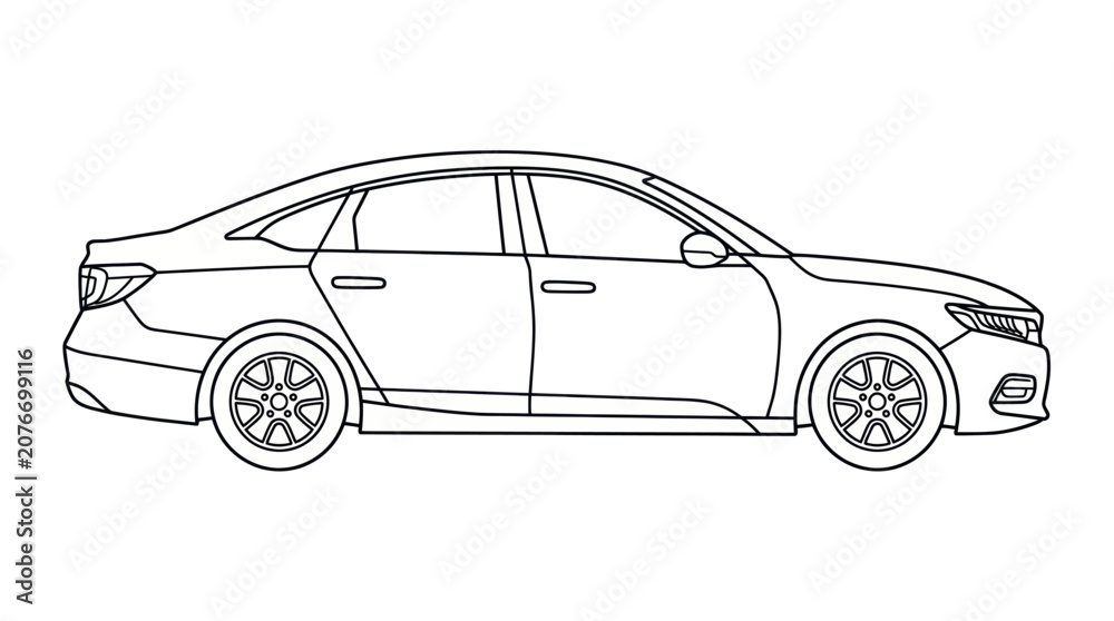 Naklejka premium Side profile line art of modern sedan car.