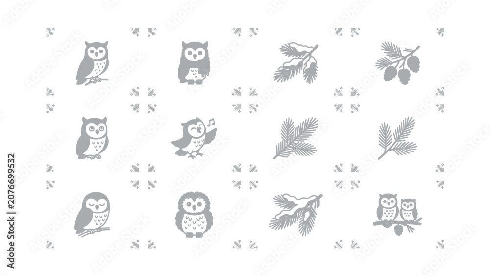 Fototapeta premium Cute Owl Icons and Pine Branch Graphics Set