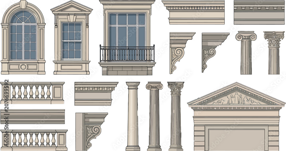 Obraz premium Classical architectural elements set featuring ornate windows, stone columns, decorative balustrades, and pediments for building design vector illustration