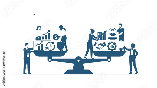 Business balance scale concept with people charts and money symbols