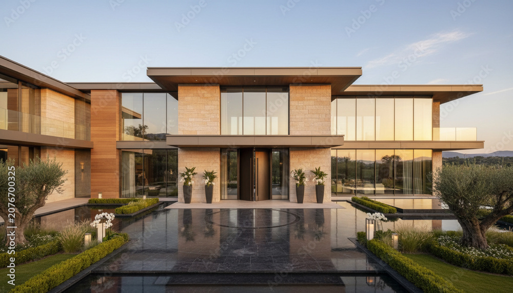 Fototapeta premium Ultra realistic modern luxury mansion exterior, grand contemporary architecture background