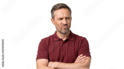 Skeptical middle-aged man with crossed arms looking away on transparent background  
