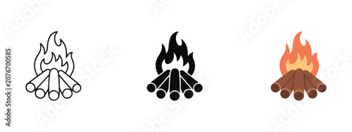 Bild auf Leinwand Campfire vector icon set featuring burning logs in different styles for hiking and outdoor adventure