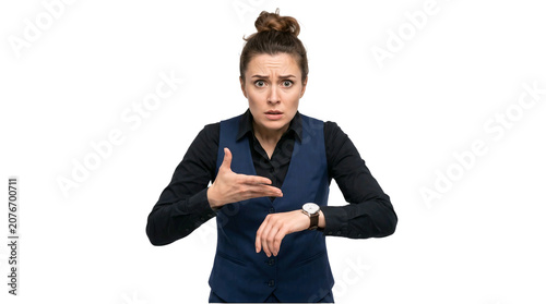 Surprised businesswoman pointing at watch emphasizing deadline on transparent background
