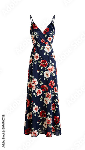 Headless female model wearing floral evening dres