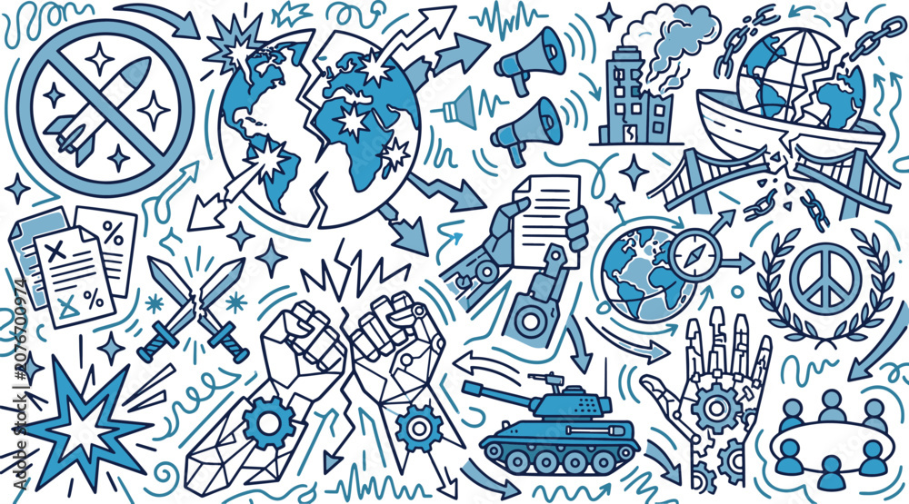 Naklejka premium Global conflict and geopolitical crisis doodle concept showing broken world tank weapons and symbols of war conflict geopolitics illustration military geopolitical instability violence