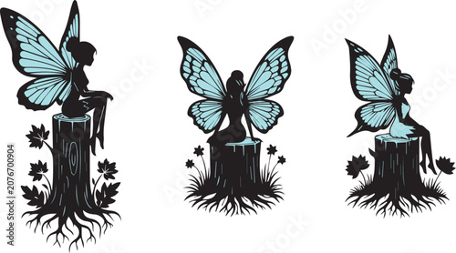 Photos Magical fairy silhouette collection with butterfly wings sitting on tree stumps,