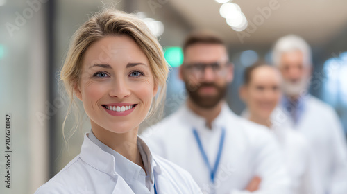 A smiling female medical professional stands confidently in a group of healthcare workers in a modern workplace.