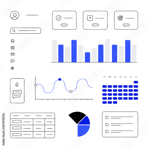 Hand drawn website user interface elements set including icons and charts with interface, elements