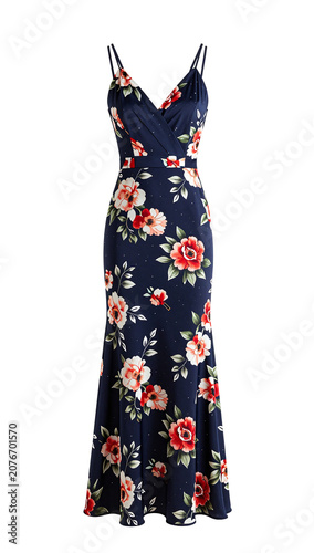 Headless female model wearing floral evening dres