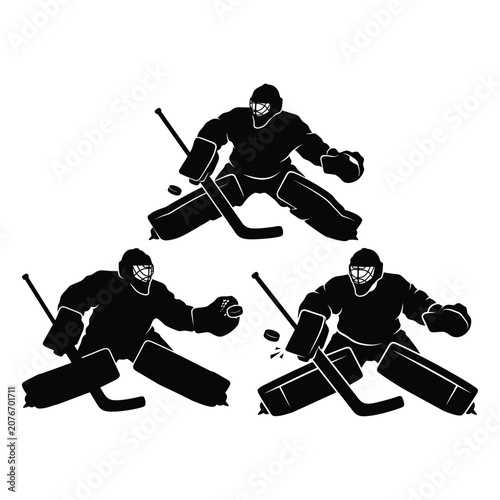 Ice Hockey Goalie Silhouette Set With Goalkeeper Action Poses And Puck Saves For Sports Logo