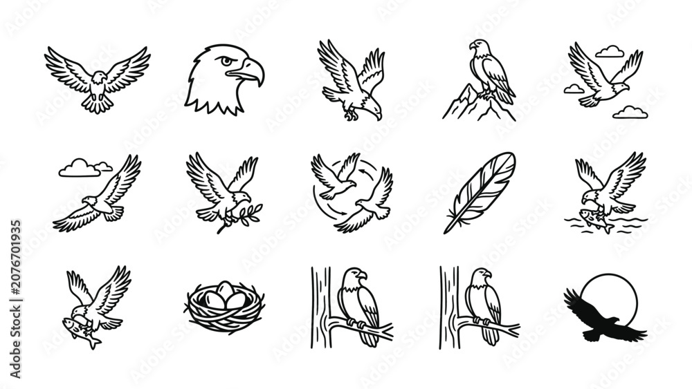 Obraz premium Eagle Icon Set Bird Vector Graphics Freedom Symbol Power Majestic Flying Hunting