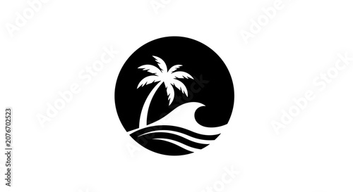 Palm Tree and Wave Logo in Black and White Circle