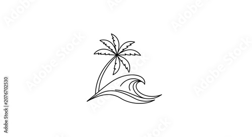 Simple Line Art Of A Palm Tree And Ocean Wave