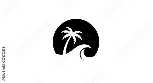 Tropical Palm Tree and Wave Silhouette