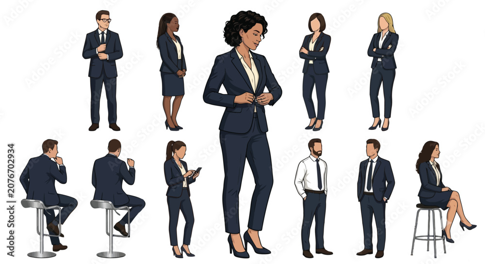 Obraz premium Business professionals in suits discussing work standing and sitting in modern office environment