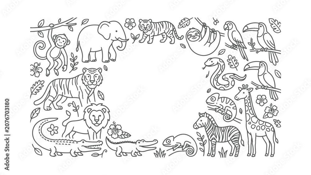 Fototapeta premium Jungle Safari Animals Border Frame Line Art Cute Cartoon Style