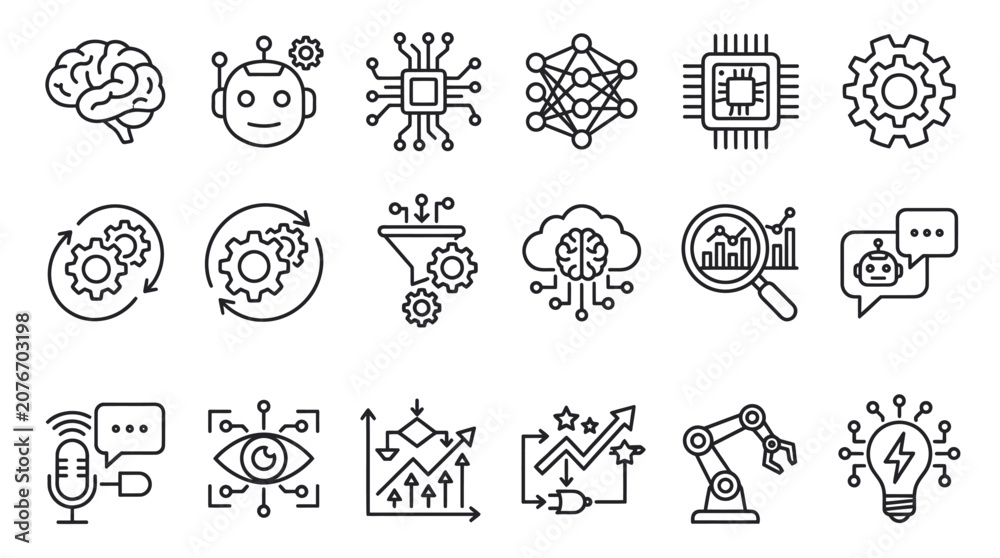 Fototapeta premium Technology and digital brain development thin line icons.