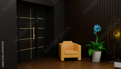 Modern Interior With Armchair and Flower: A minimalist interior design featuring a sleek modern armchair, a striking blue flower in a pot, and elegant dark wood paneling.