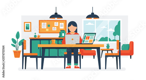Foto Flat illustration of person sitting at desk hesitating before decision, hand on