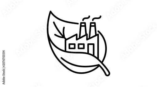 Sustainable industrial plant inside a green leaf icon.