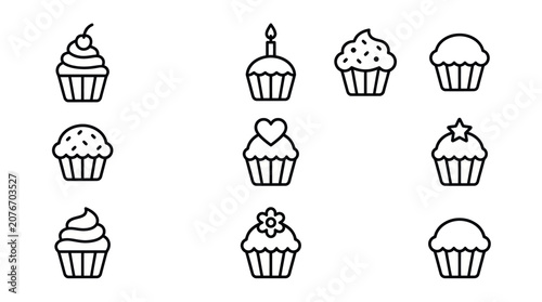 Sweet cupcake and dessert line icon collection.