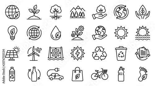 Sustainable lifestyle and environmental protection vector icons.