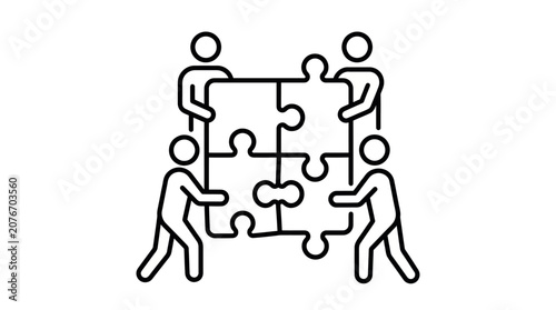 Team of four characters collaborating on a large puzzle.