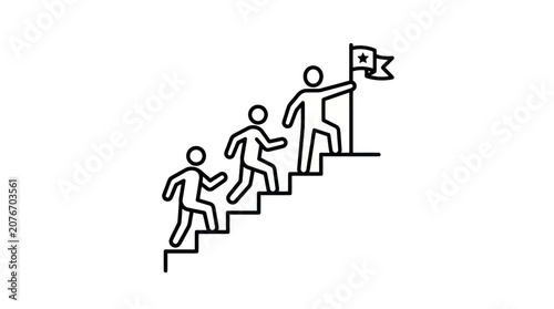 Team climbing stairs to reach goal flag success icon.