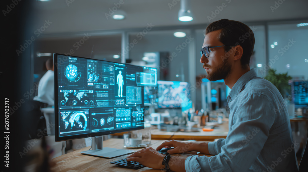 Fototapeta premium A young professional focused on advanced technology analysis using multiple monitors in a modern office.