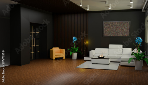 Modern Living Room Ambience: A stylish and contemporary living room with dark walls, a plush white sofa, and a minimalist aesthetic, creating a sophisticated and inviting atmosphere.