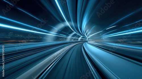 High speed blue light trails in futuristic digital tunnel for data transfer concept