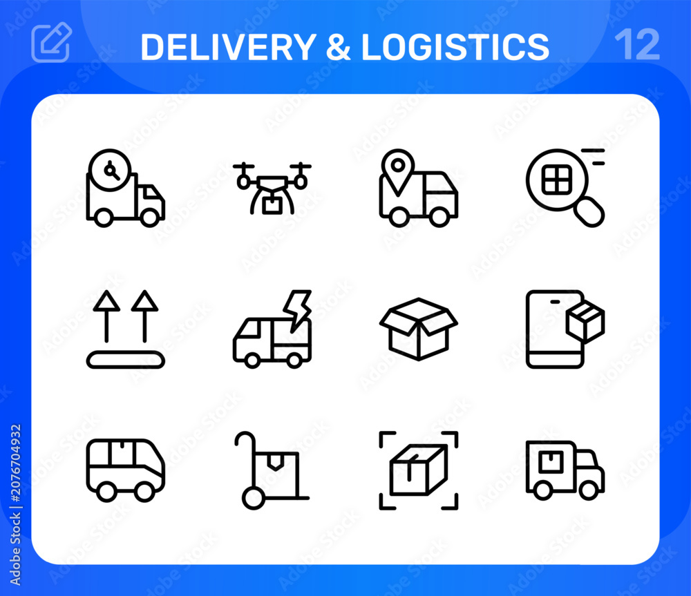 Fototapeta premium Delivery and logistics icon set. Editable line icons. Professional and modern outline icon collection vector illustration featuring transport vehicle route planning parcel delivery and cargo