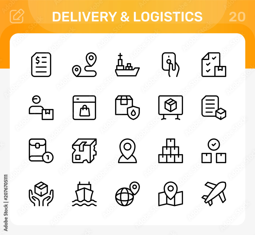 Fototapeta premium Delivery and logistics icon set. Editable line icons. Professional and modern outline icon collection vector illustration featuring warehouse forklift storage racks parcel handling and shipping