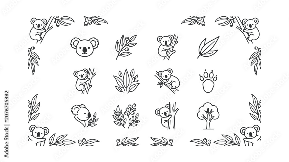 Fototapeta premium Cute Koala Icons and Elements Set Outline Art