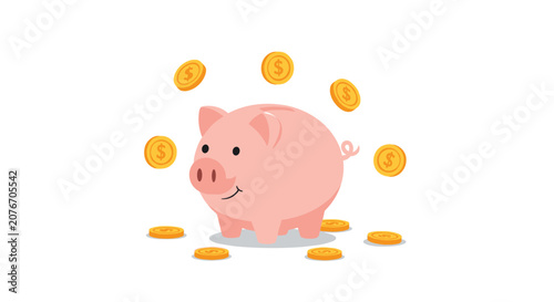 Pink piggy bank with a happy expression surrounded by falling gold coins representing savings and financial success.