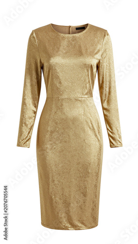 Headless female model wearing gold sequin gown