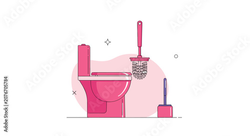Pink modern toilet and a matching toilet brush with holder shown in a clean and colorful vector illustration.