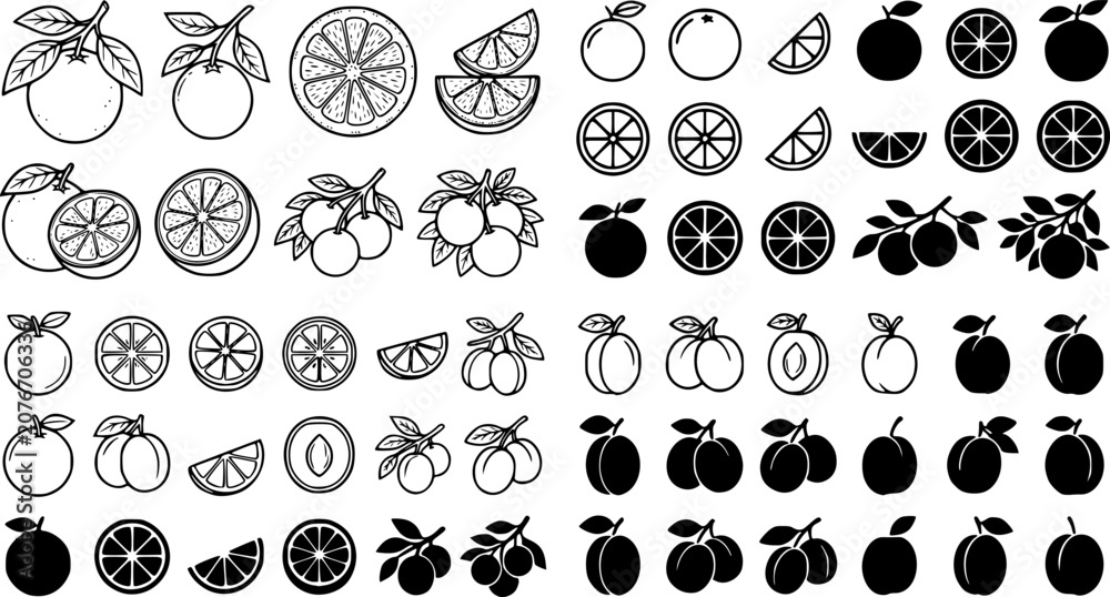 Fototapeta premium Orange Fruit Line Art Illustrations Set, Coloring Pages, Orange Fruit Icons Set Whole Oranges Slices and Black Silhouettes, Black and White Plum Fruit ... See More 