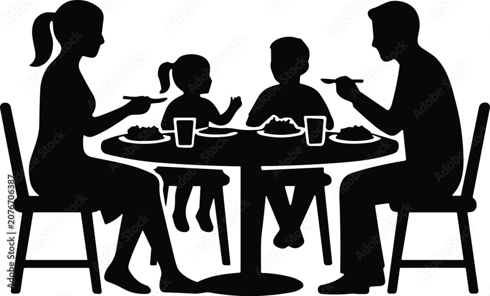 Fototapeta premium Happy Family Having Dinner Together at Dining Table Black Silhouette Vector Illustration