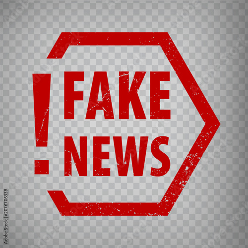 Fake News  hexagonal stamp design  with  exclamation mark on transparent background.  Grunge rubber stamp with word Fake News  in red.  EPS10.