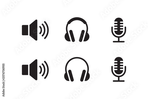 simple black outline speaker, headphones and microphone icon collection for audio equipment, recording, broadcasting and media applications