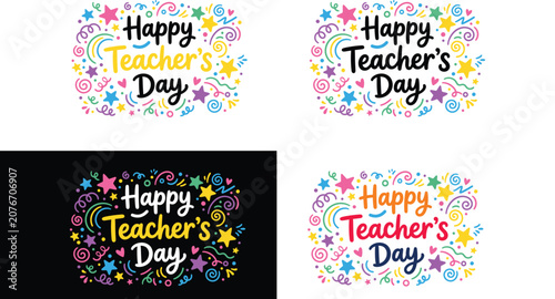 Foto Four colorful happy teacher's day greeting card with stars, swirls, and confetti