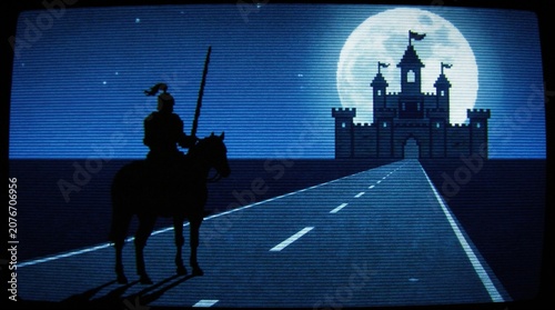 Retro pixel art knight on horseback riding toward castle. Silhouette of medieval warrior on road under full moon. CRT monitor effect with scanlines